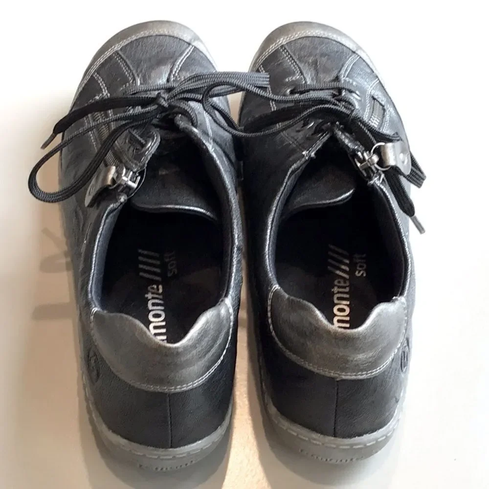 Remonte by Rieker Black Metallic Sheen Leather Zip Side Casual Lace Up Sneakers - Picture 12 of 16